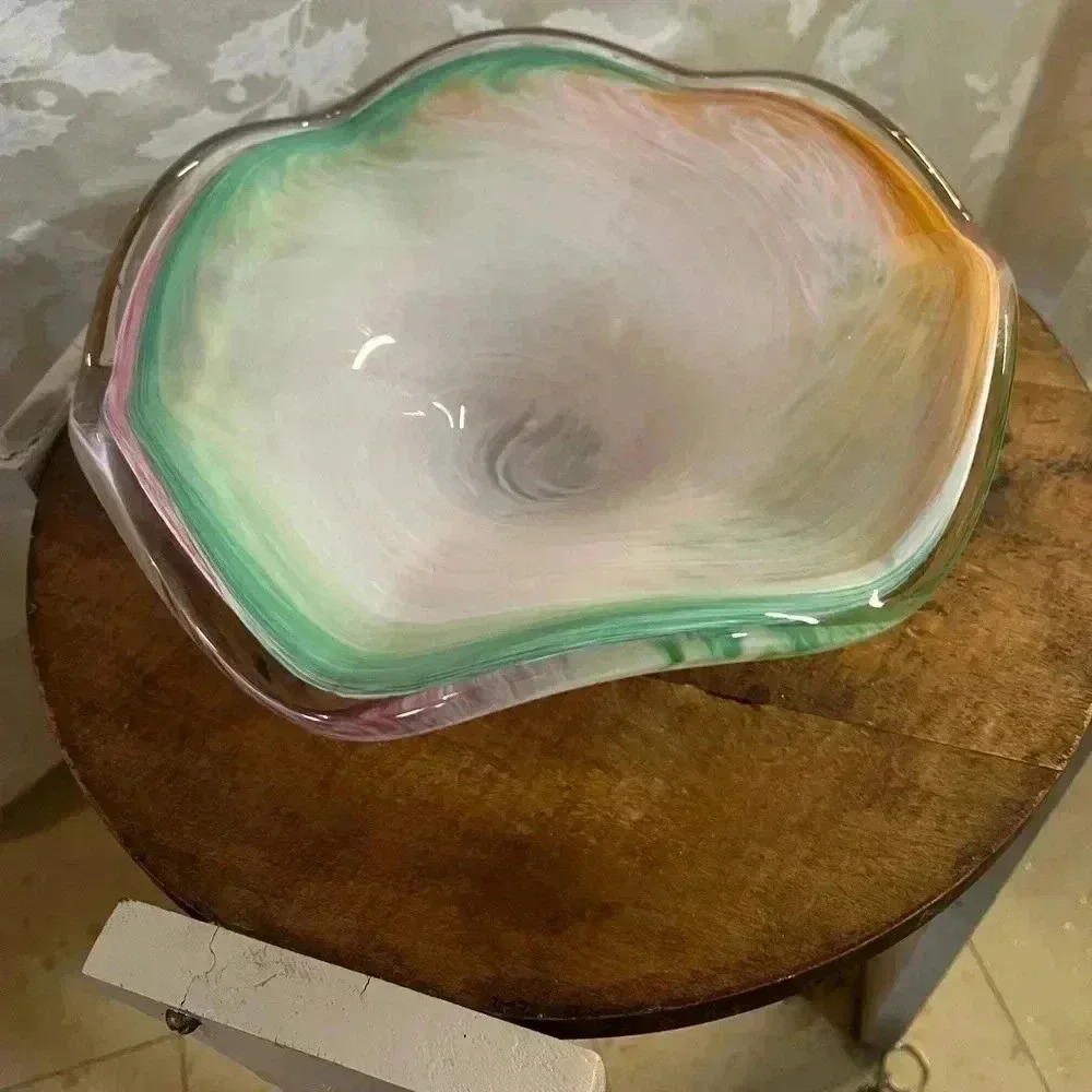 Art Glass Centerpiece Bowl White Multicolor Pastel Tones